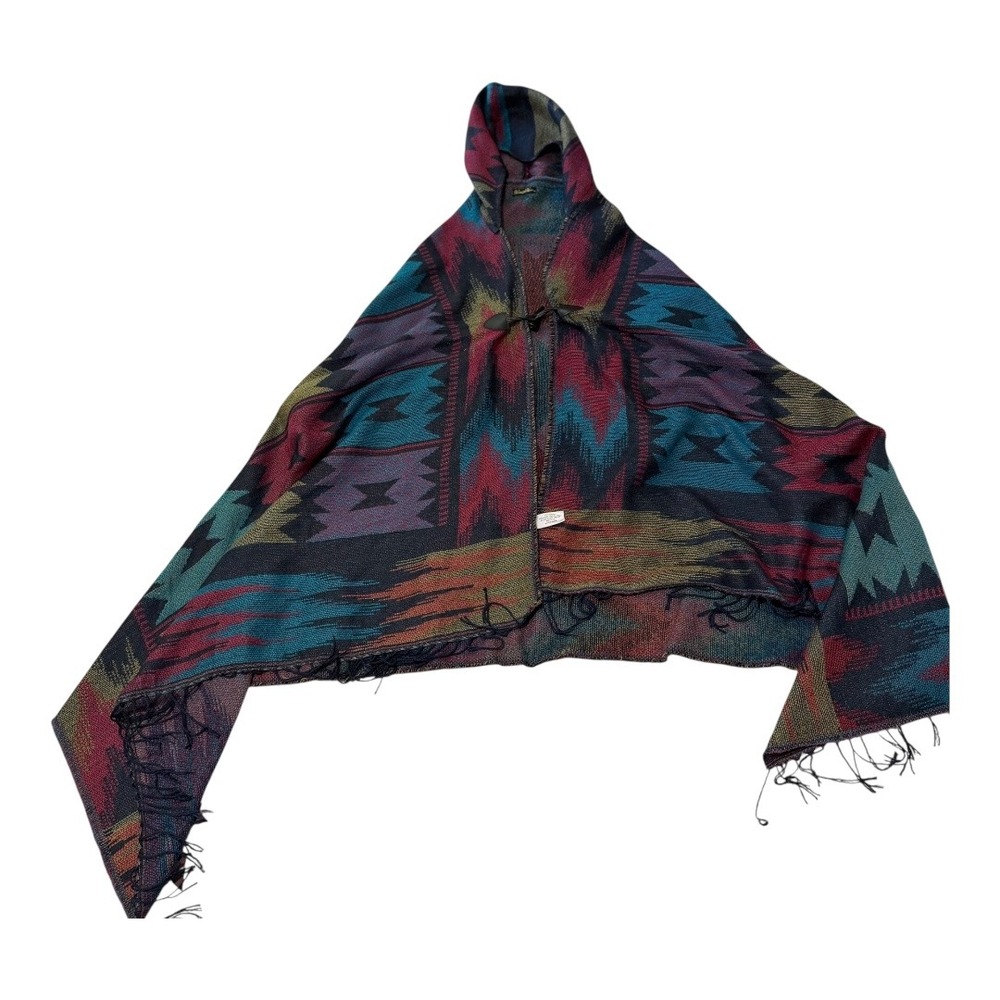 Southwestern Boho All Jazzed Up Hooded Poncho Cape One Size Multicolor Geometric